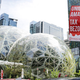 A caravan of protesters in cars surrounds the Amazon Spheres in Seattle, May 1